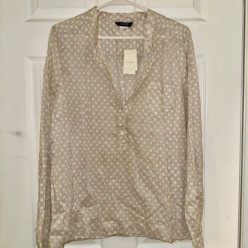 J.Crew Light Tan & White Polka Dot Blouse